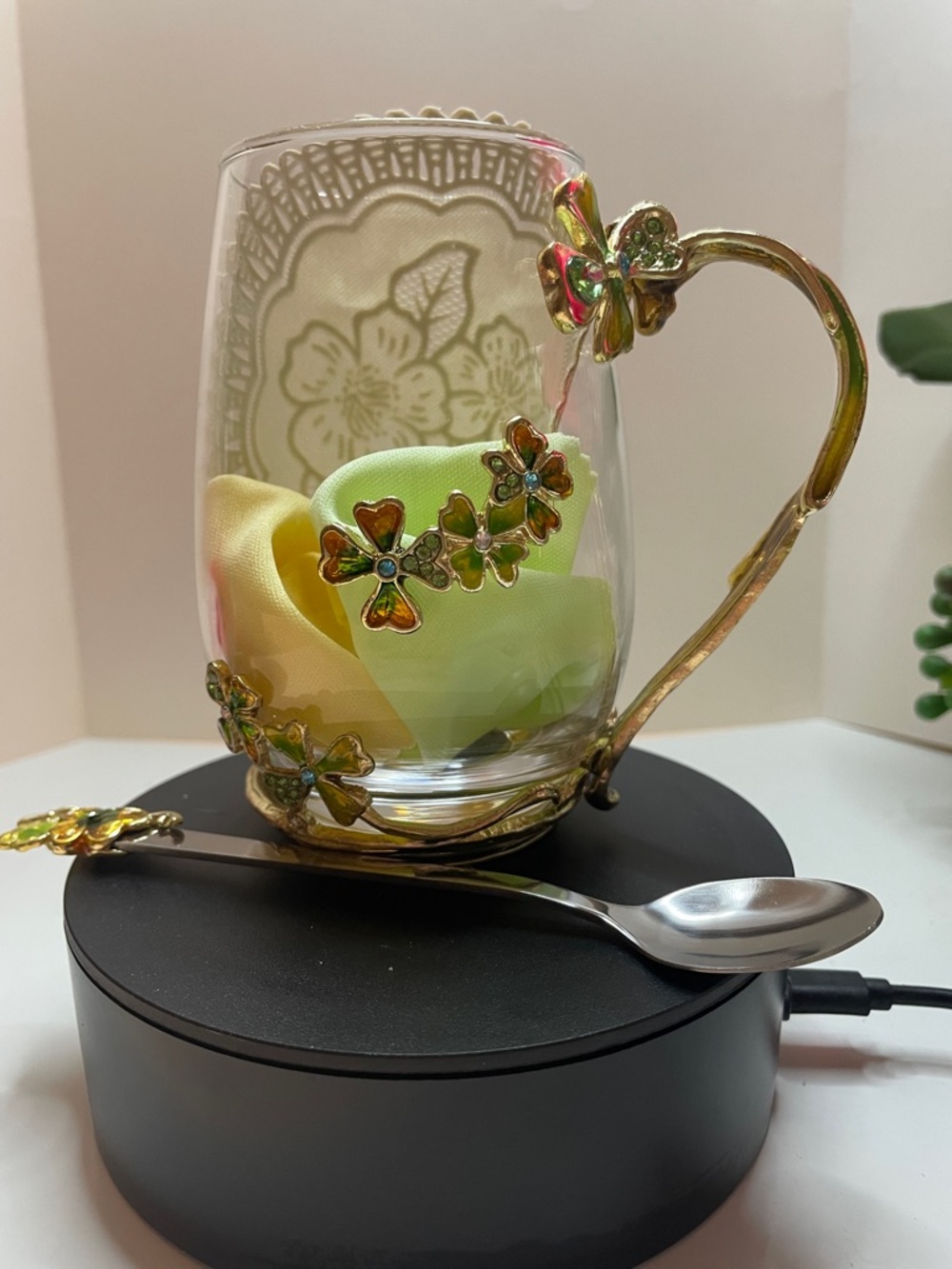 Glass Teacup with Gold Floral Handle and Spoon - Green & Yellow Accents